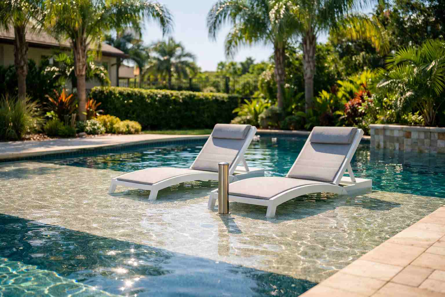 Shallow tanning ledge with in-water lounge chairs and umbrella sleeve in a sunny Tampa backyard pool.