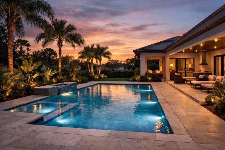 Modern geometric backyard pool with clean rectangular design and tropical landscaping in a Tampa residential yard.