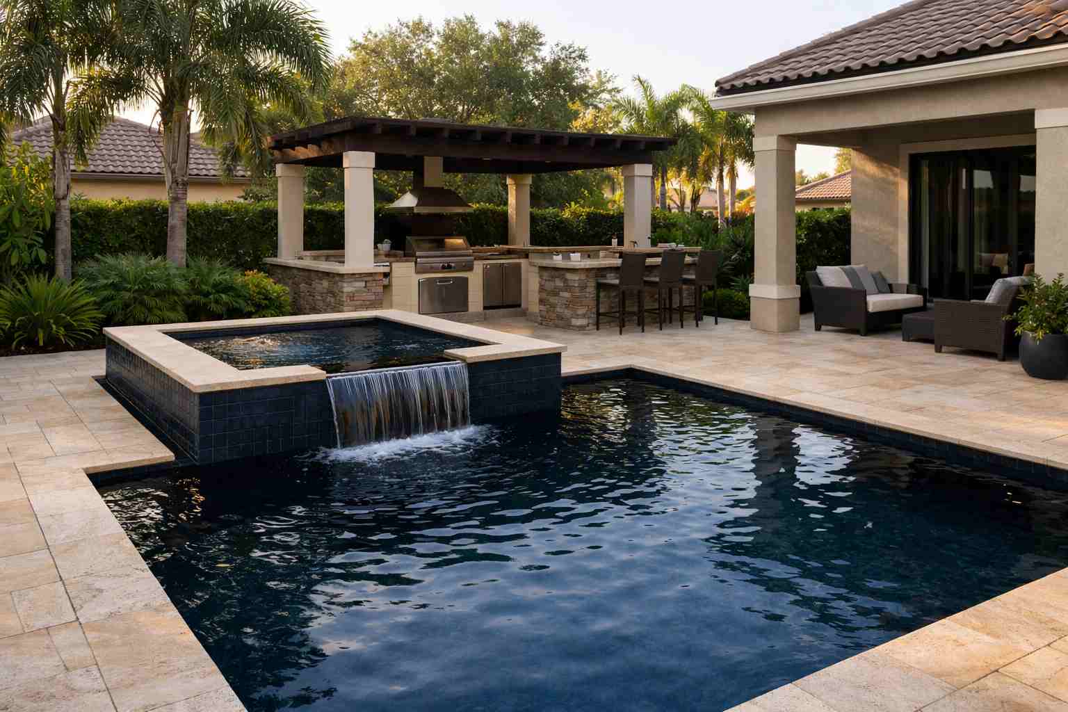 Backyard pool with elevated spillover spa, dark-bottom finish, and connected pergola outdoor living space.