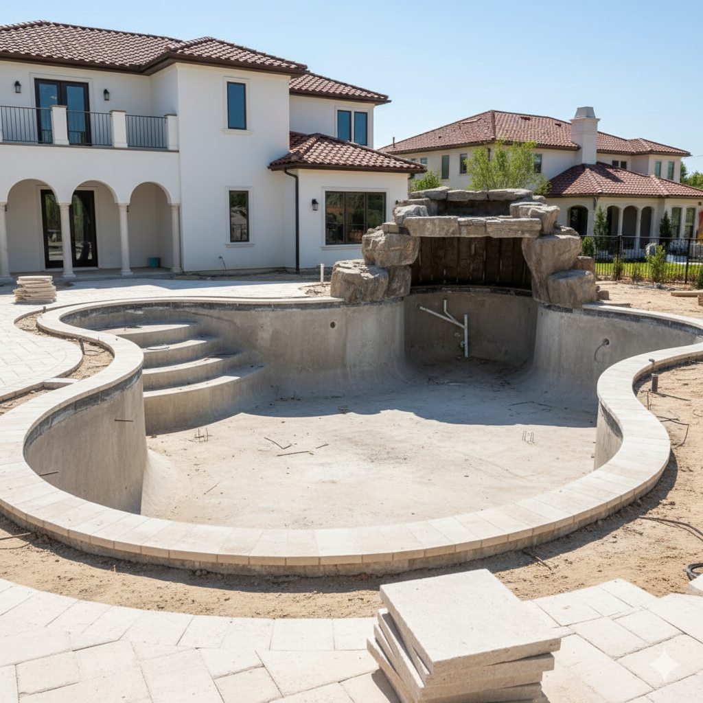 Inground pool shell mid-construction with curved layout in Treasure Island