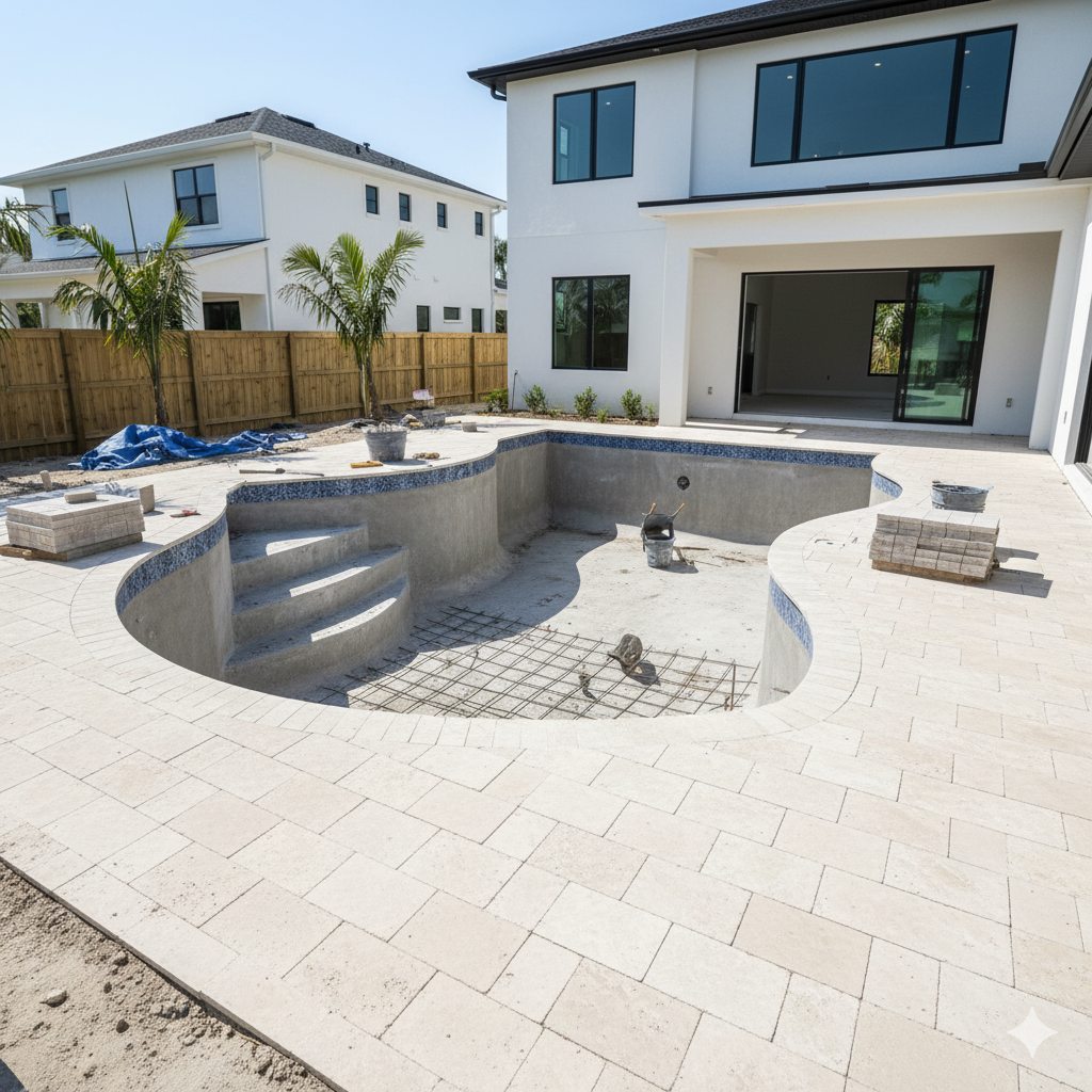 Backyard paver deck and hot tub nearing completion in Tampa