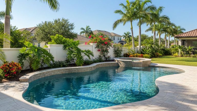 Newly completed custom inground pool with raised spa and travertine deck in a Tampa backyard.