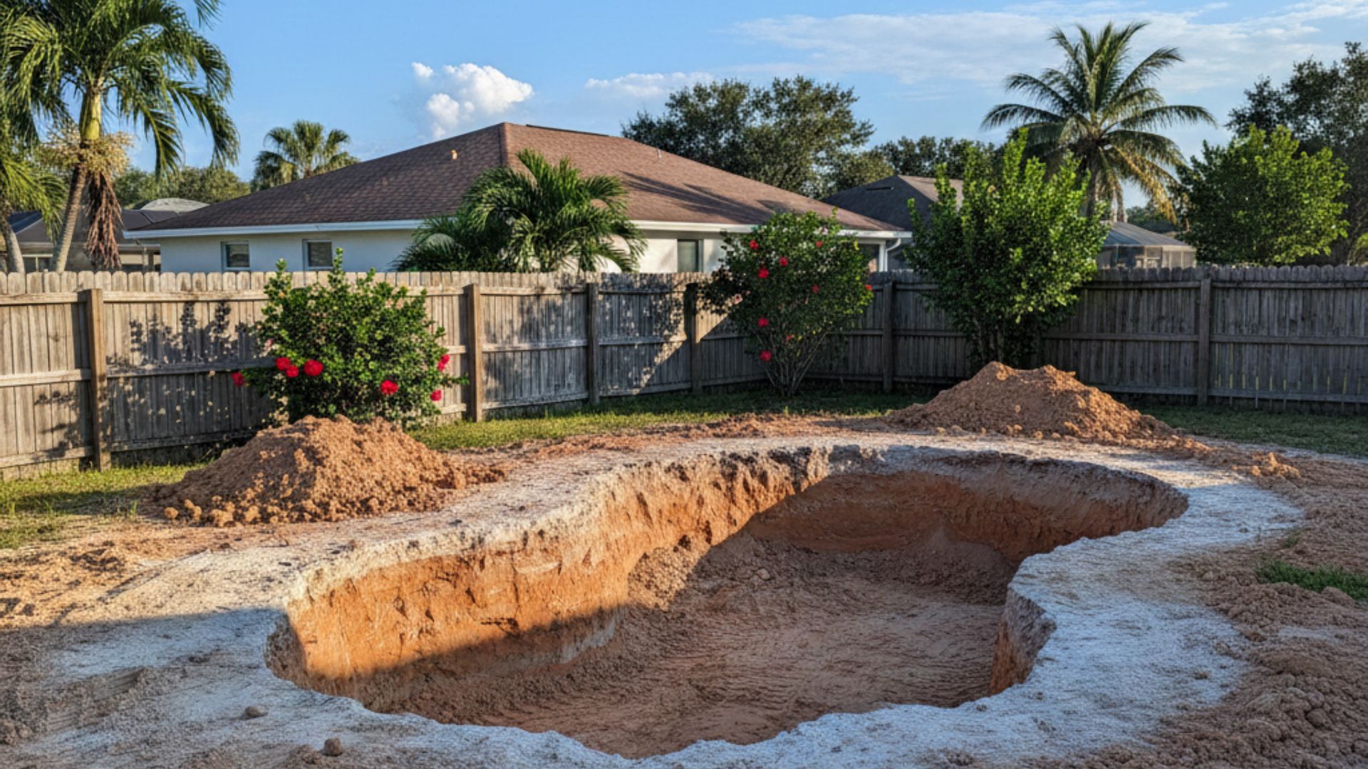 Residential backyard in Clearwater with freshly excavated pool shape and graded soil.