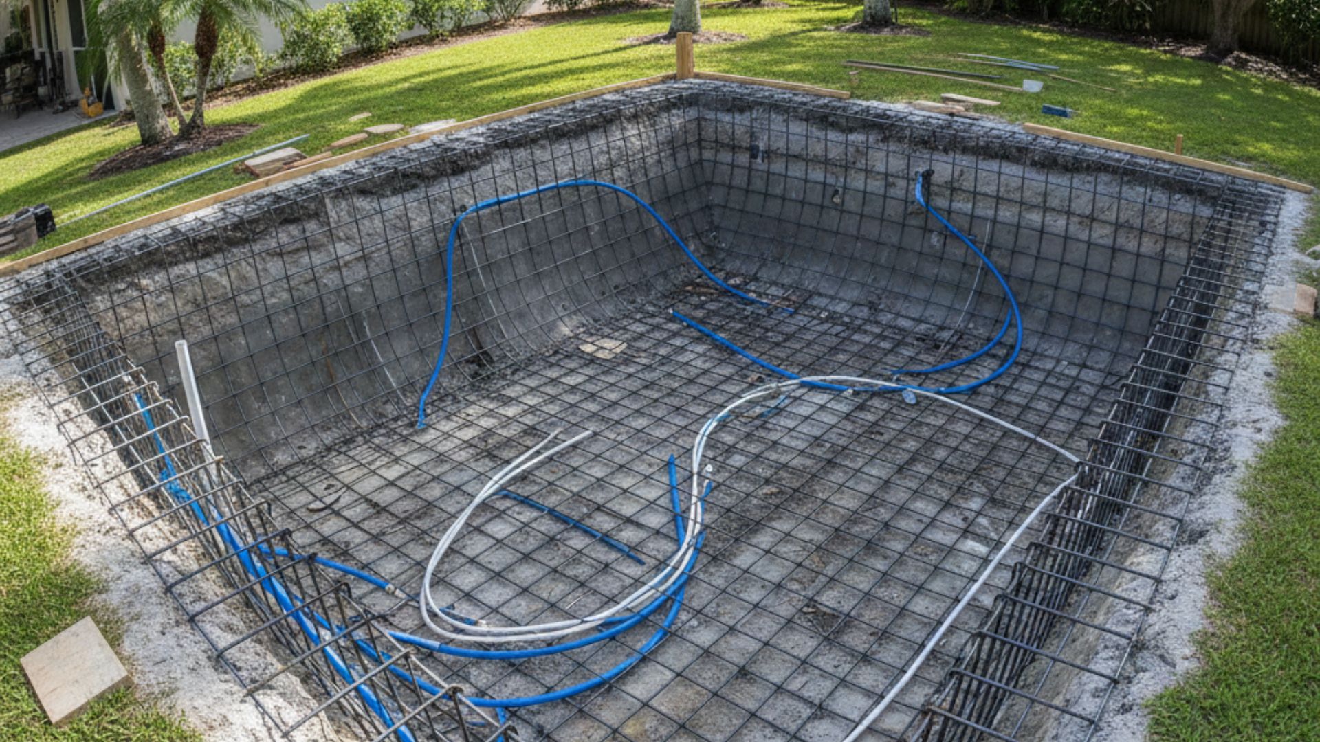 Pool under construction in St. Petersburg showing steel rebar framework and installed plumbing lines.