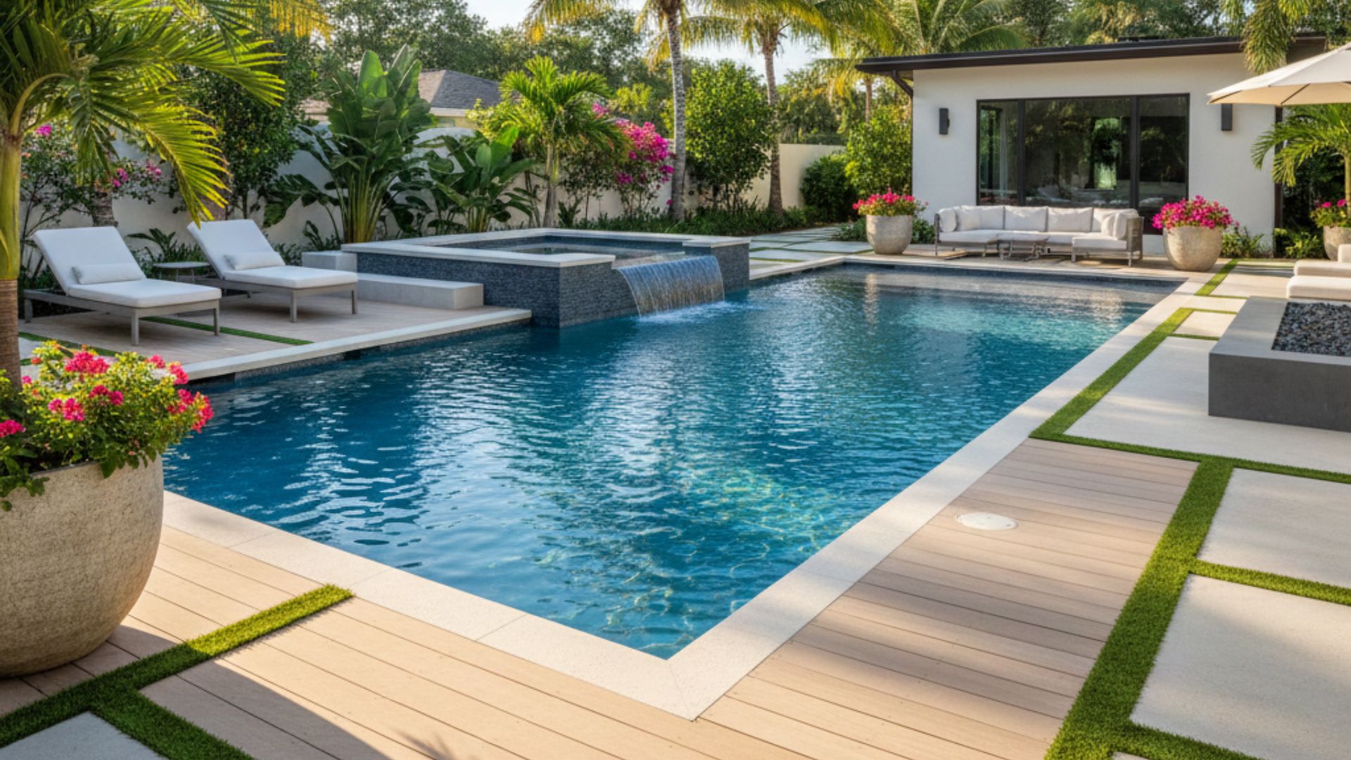 Integrated spa design added to existing backyard pool.