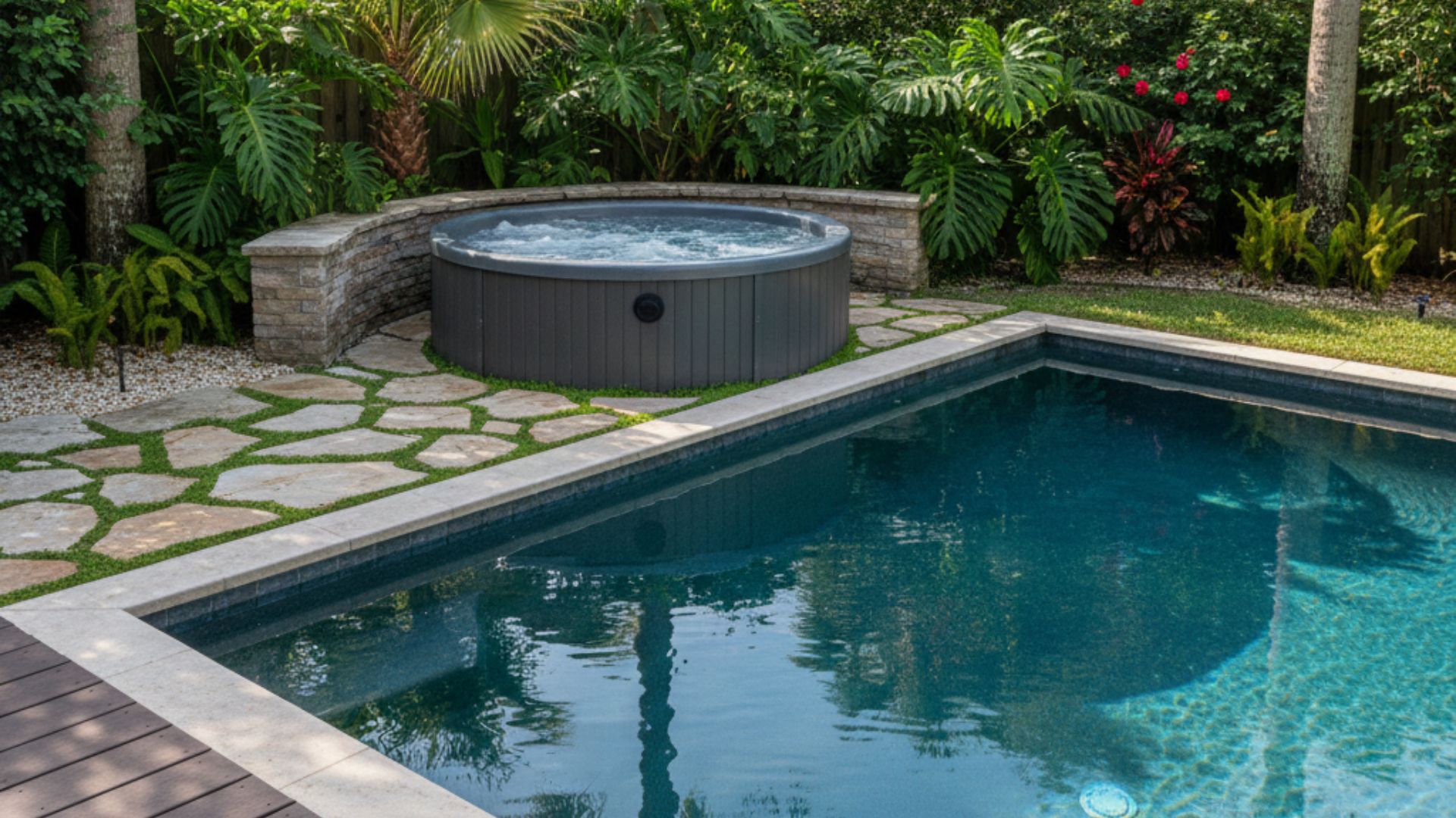 Raised hot tub connected to in-ground pool.