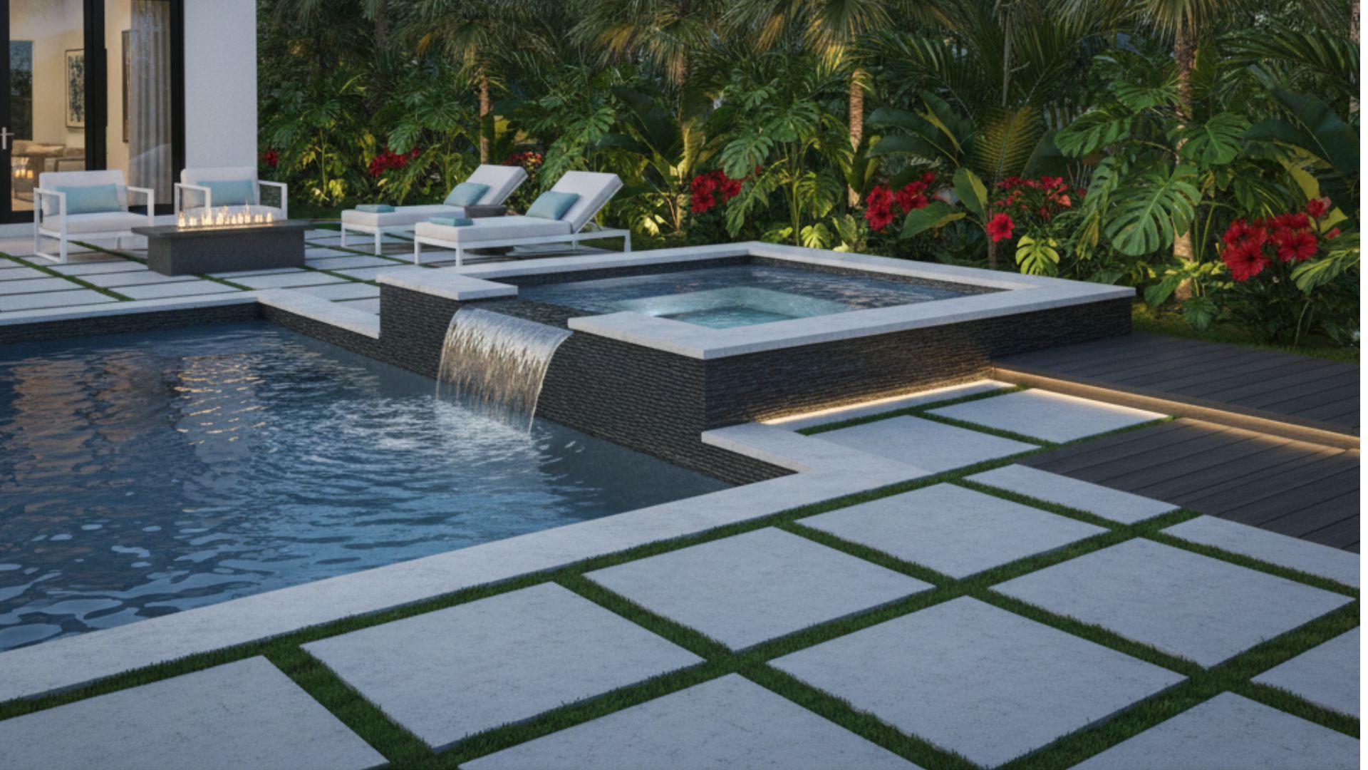 Modern spa and pool combination with water features.