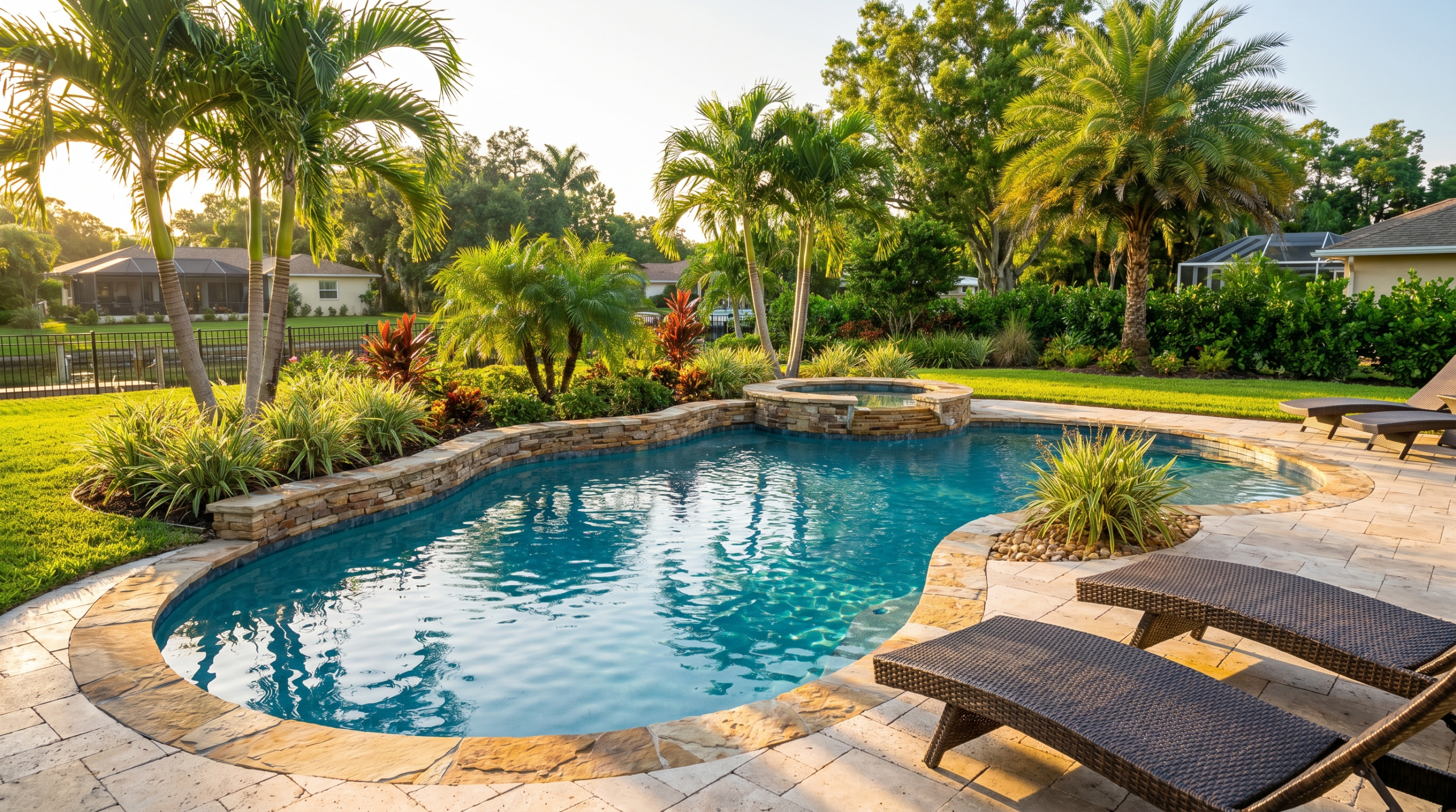 Custom backyard pool with curved design, stone deck, and tropical landscaping near St. Petersburg