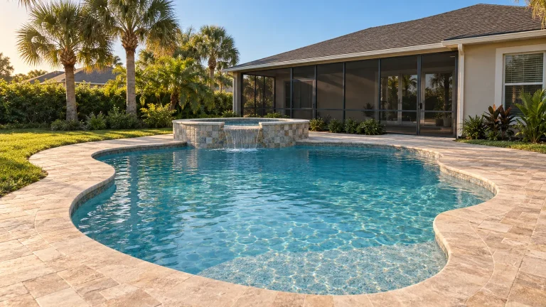 Newly built freeform pool and spa with paver deck and palms in a Florida backyard, illustrating choosing a pool contractor