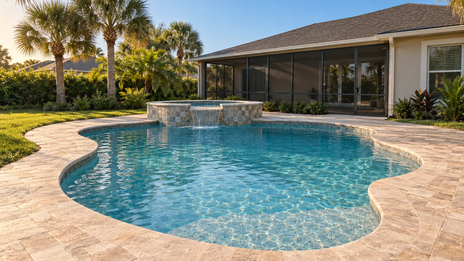 Newly built freeform pool and spa with paver deck and palms in a Florida backyard, illustrating choosing a pool contractor