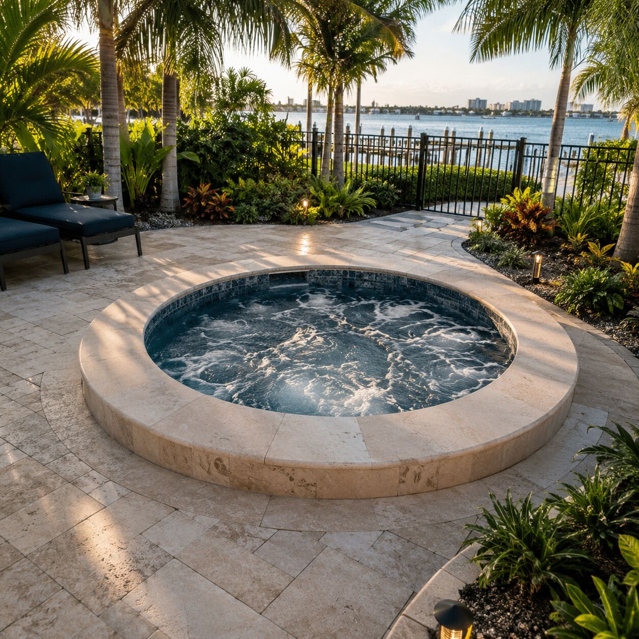 Waterfront hot tub installation in St. Petersburg with travertine patio and tropical landscaping