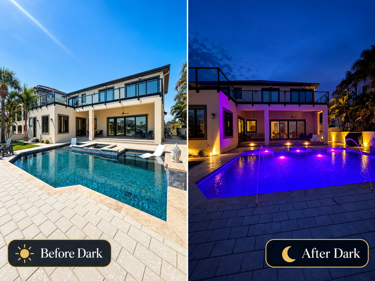 Daytime and nighttime views of a home and swimming pool with outdoor lighting