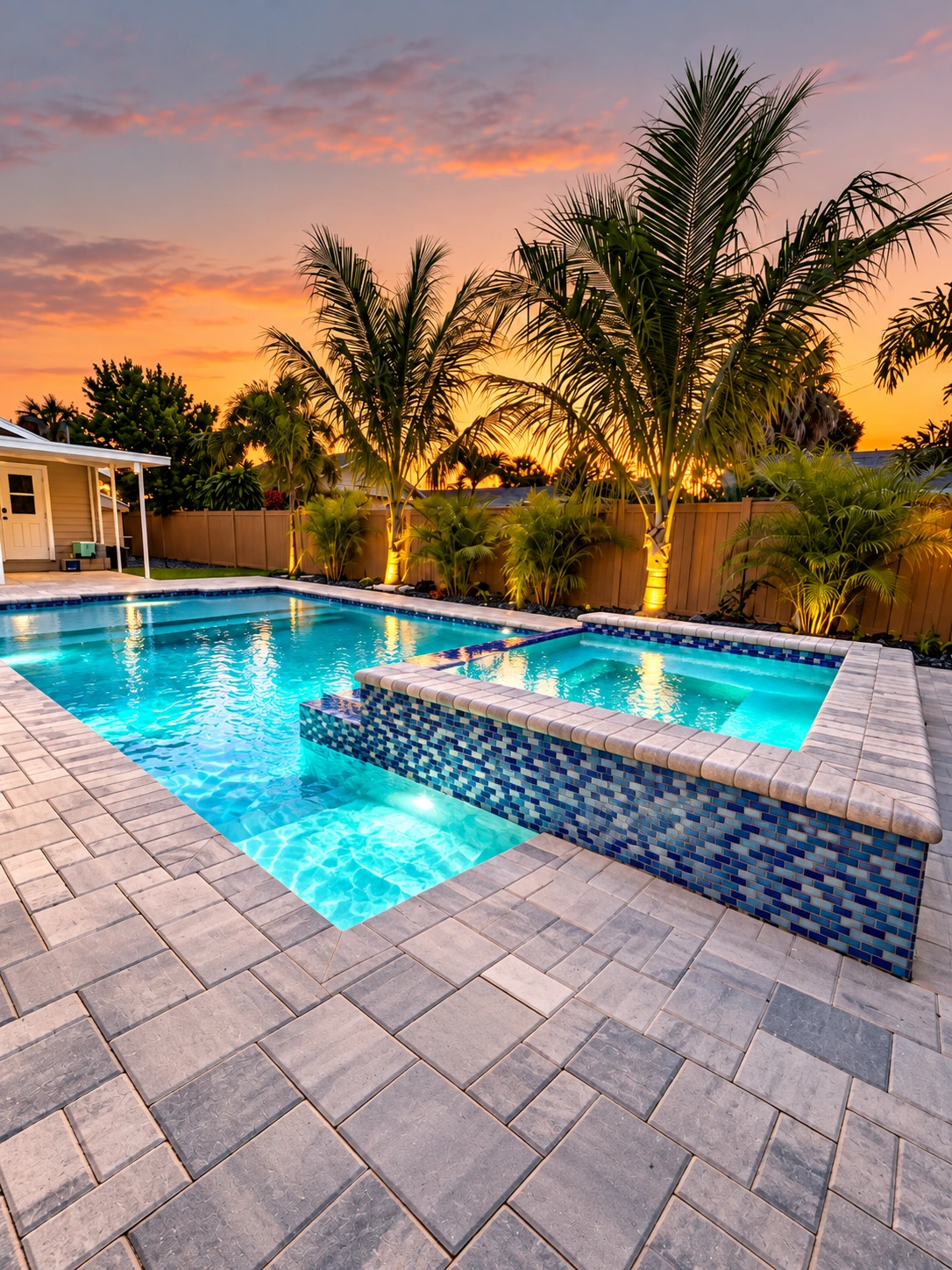 Swimming pool and raised blue-tiled spa at sunset with palms and landscape lighting