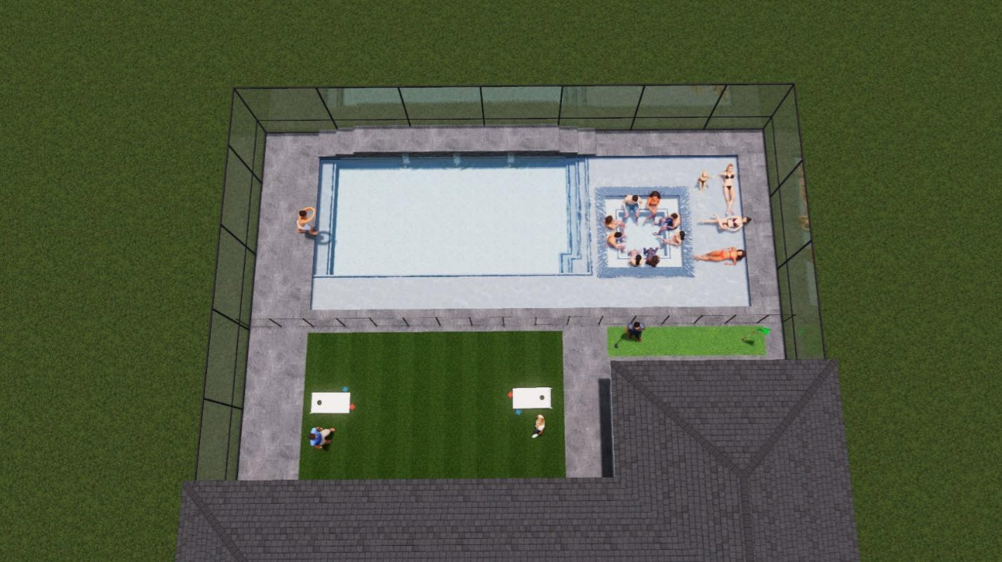 Aerial rendering of modern pool with spa and lounge deck in Tampa