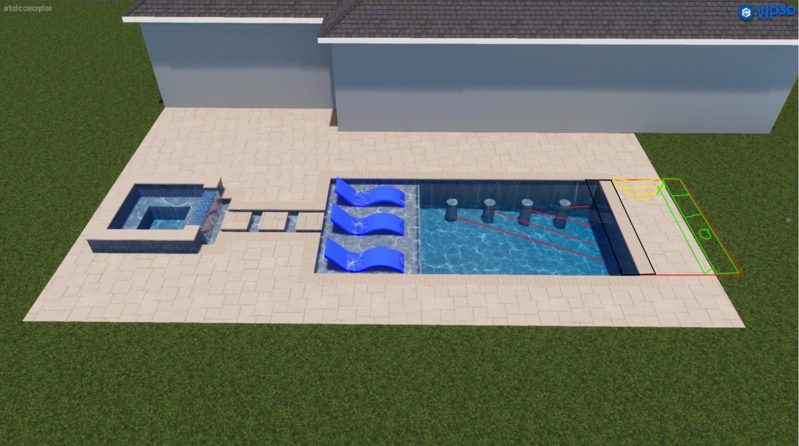 Backyard rendering showing pool, spa, and tanning ledge near home in Clearwater