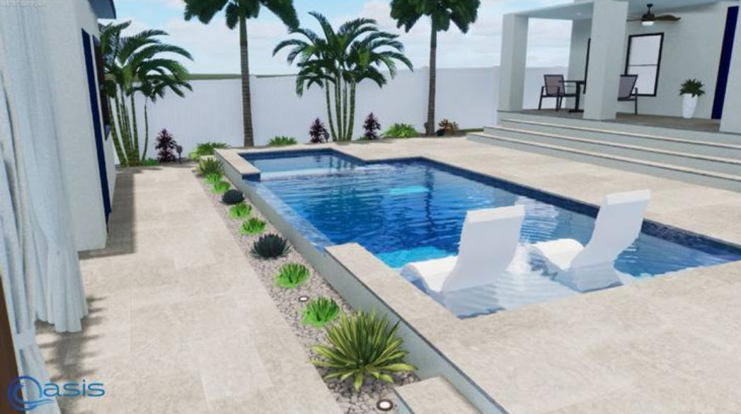 Modern lap pool with Baja shelf and palm trees in Clearwater Beach