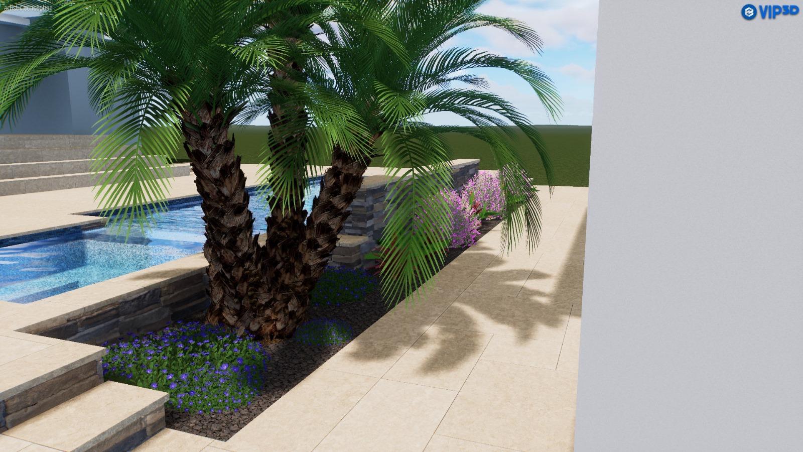 Tropical landscape rendering with palm trees and curved paver path in Clearwater