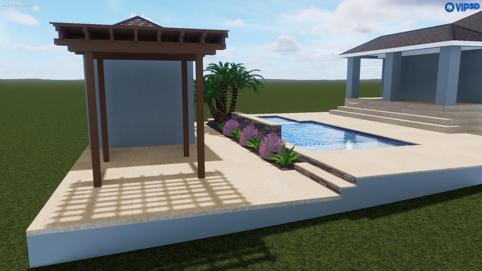Backyard pergola and landscaping in 3D rendering by From The Ground Up Pools