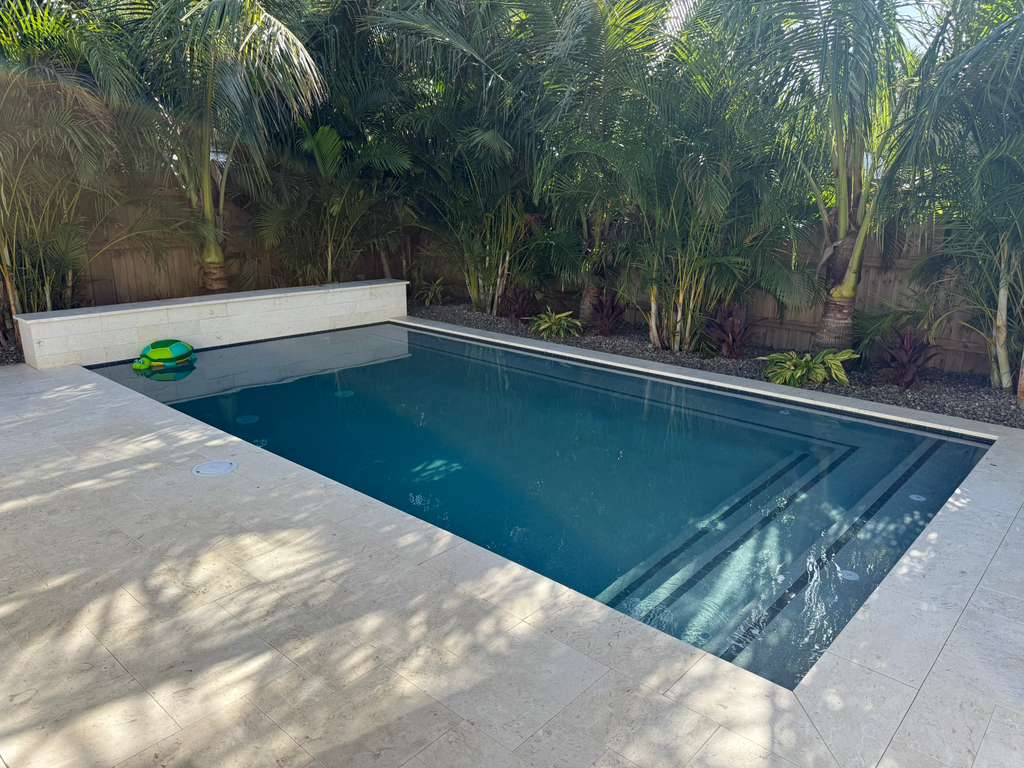 Rectangular pool surrounded by lush palms in a small backyard in Tampa