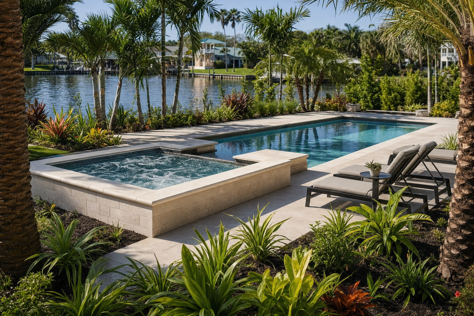 Compact plunge pool and attached spa on a coastal Treasure Island, Florida property