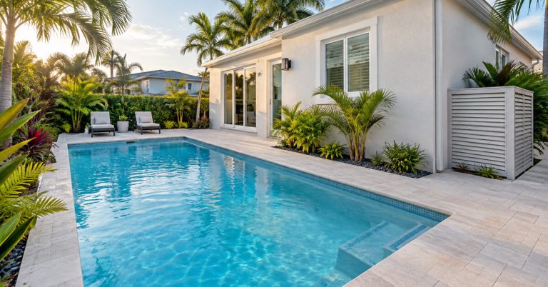 Finished Pinellas County pool with screened pool equipment placement beside the home